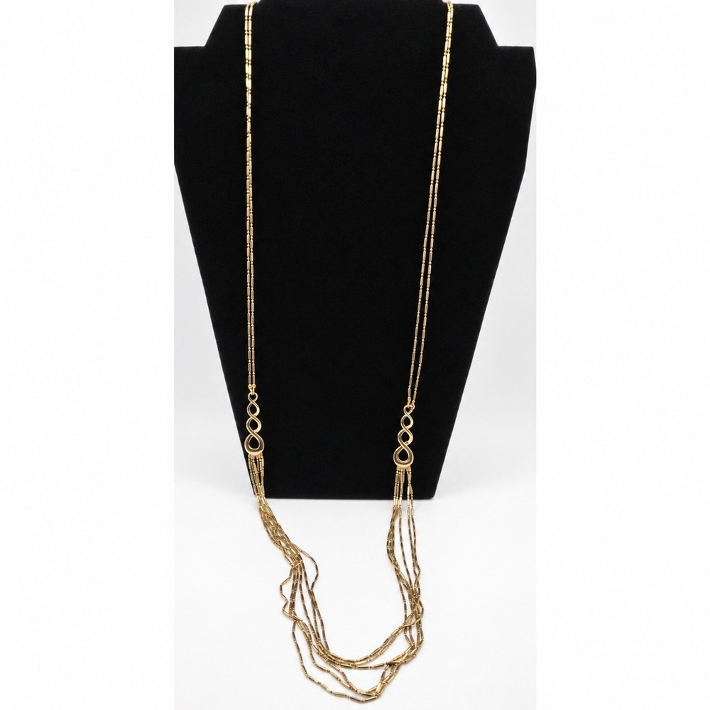 Vintage Gold Tone Multi Strand Liquid Chain Infinity Knot Long Tassel Necklace